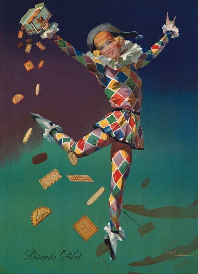 Arlequine dans sa danse semant des biscuits Olibet René Berti
