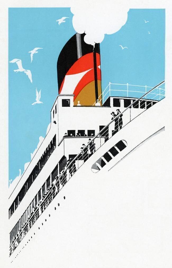 Art Deco 1920s Illustration of a Cruise Ship with Passengers anonyme