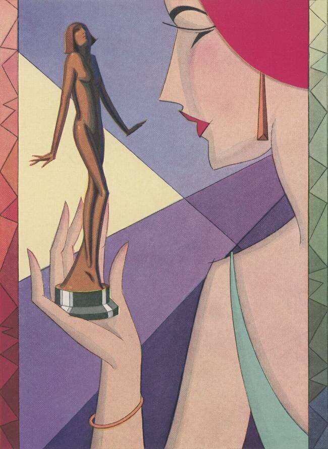 Art Deco Illustration of a Woman with a Golden Statuette anonyme