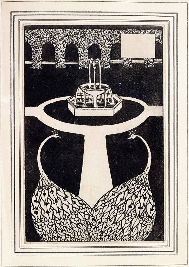 Chapter heading depicting two peacocks in a garden with a fountain Aubrey Beardsley