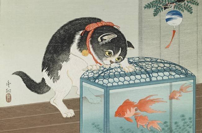 Chat et poisson rouge Ohara Koson