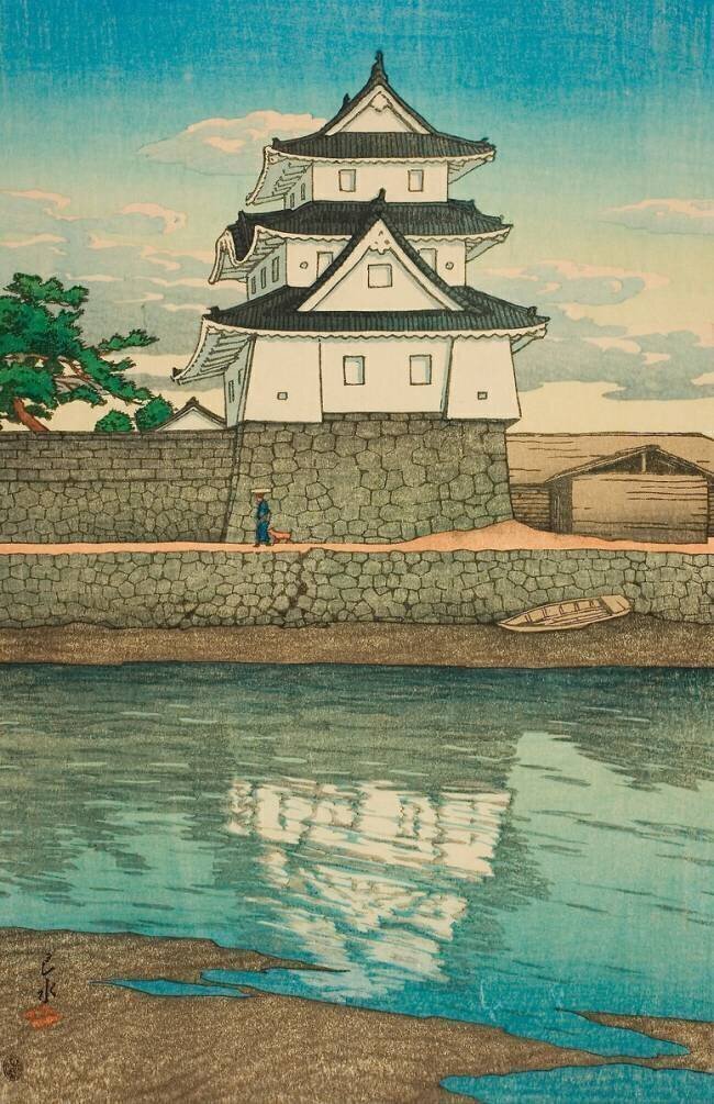 Château de Takamatsu à Sanuki (Sanuki no Takamatsujo), de la série "Souvenirs de voyage, deuxième série (Tabi miyage dai nishu)". Hasui Kawase