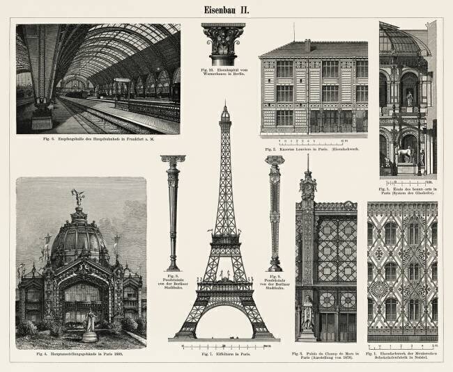 Collection de réalisations architecturales en fer, notamment la Tour Eiffel anonyme