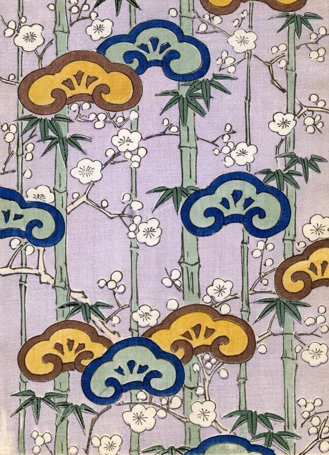 Colour woodblock print of Bamboo and Cherry Blossoms anonyme