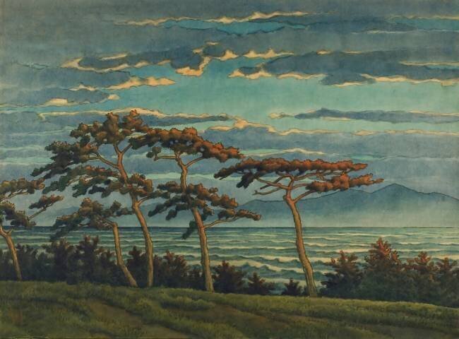 Coucher de soleil sur les pins, plage de Suzukawa (Tokaido fukei senshu, Matsu no sekiyo (Suzukawa kaigan)), de la série "Sélection de  vues de Tokaido" Hasui Kawase
