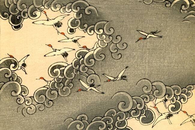 Cranes Flying in Grey Clouds anonyme