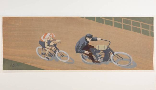 Cycliste et motocycliste sur la piste du vélodrome anonyme