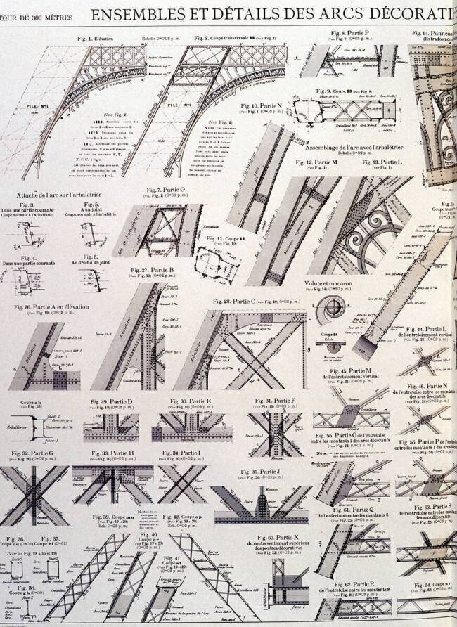Ensembles et détails des arcs décoratifs de la tour Eiffel - dessin industriel, XIXème siècle anonyme