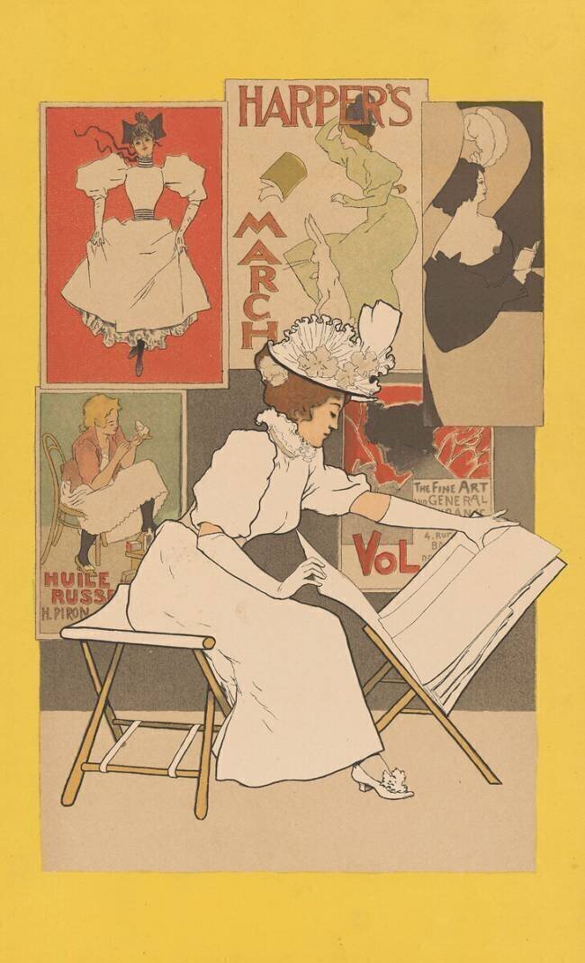 Femme assise à un stand à la recherche d'imprimés Armand Rassenfosse