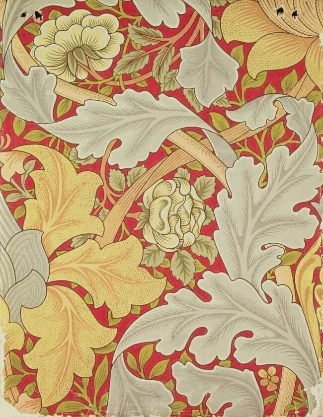Feuilles d'acanthe et rose sauvage sur fond cramoisi William Morris