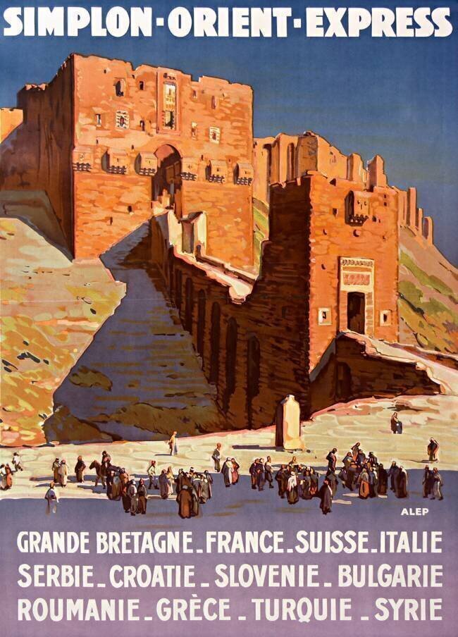 France / Syrie : Vieille affiche de l'Orient Express mettant en scène la citadelle d'Alep Joseph de La Nézière