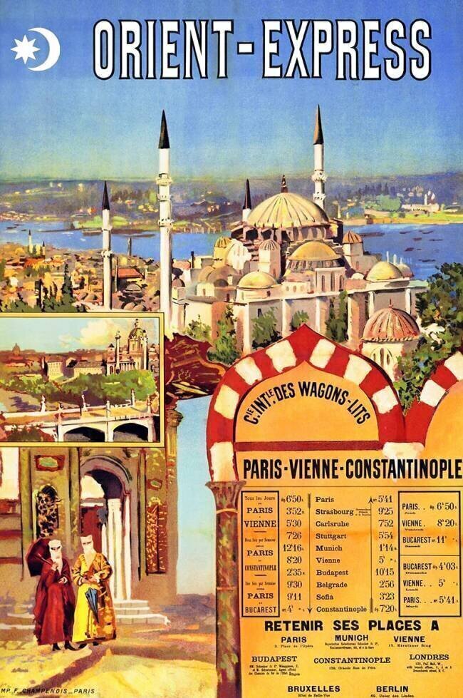 France / Turquie : Affiche Vintage Orient Express représentant la mosquée Sulemaniye d'Istanbul et deux femmes voilées Rafael de Ochoa y Madrazo