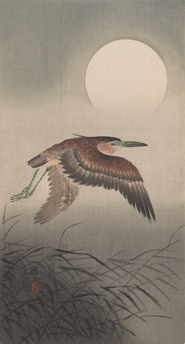 Héron volant et pleine lune Ohara Koson