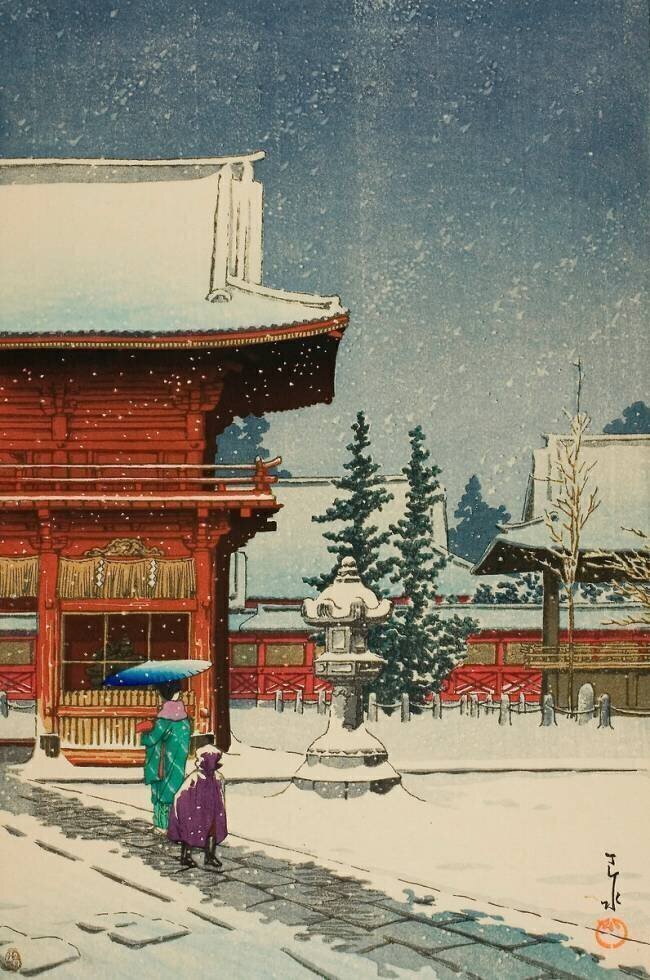 La neige au sanctuaire de Nezu Gongen Hasui Kawase