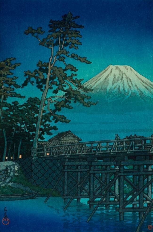Le mont Fuji par une nuit de lune, le pont de Kawai Hasui Kawase