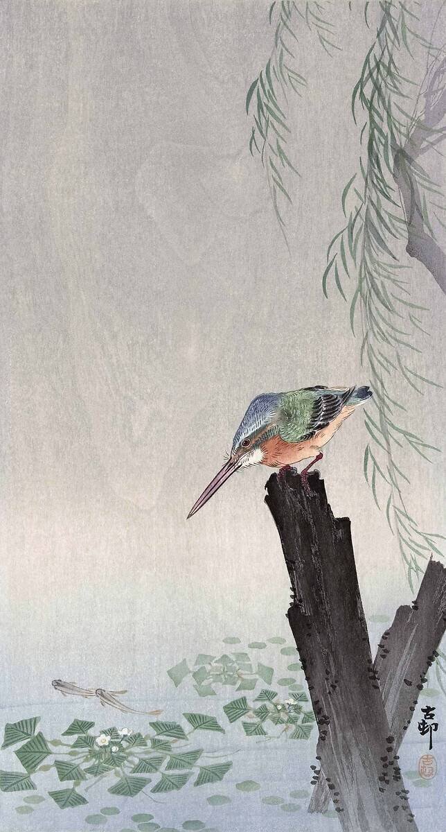 Martin-pêcheur sur une souche d'arbre Ohara Koson