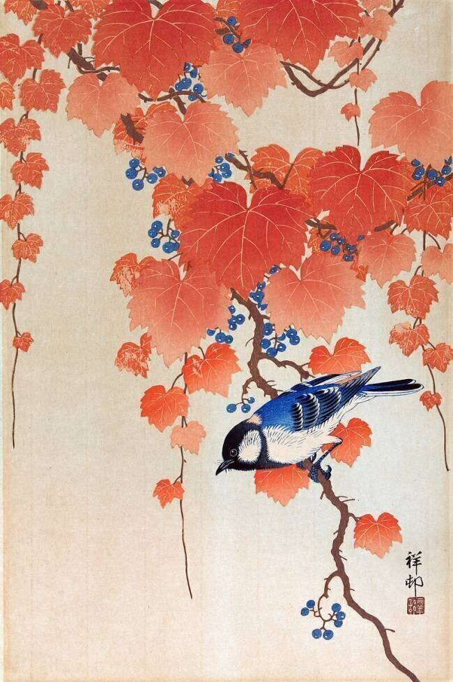 Mésange charbonnière sur une branche de Paulownia Ohara Koson
