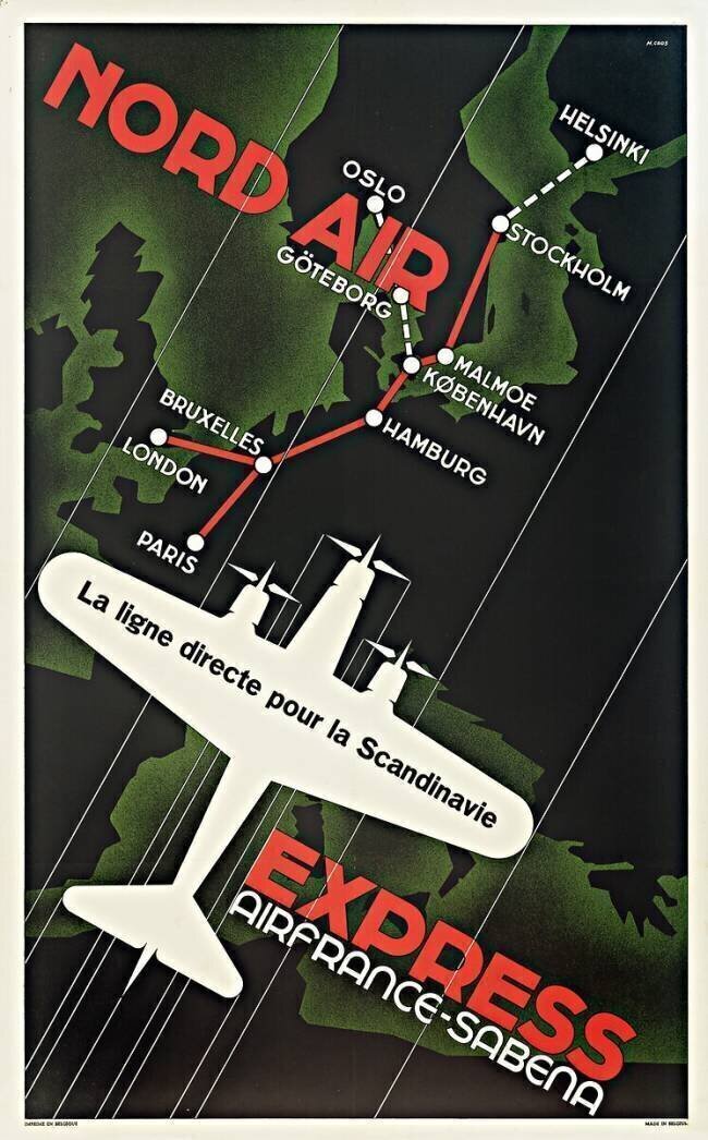Nord Air Express Air France - Affiche Sabena, itinéraire direct pour la Scandinavie, avec une carte montrant les parcours entre les villes anonyme