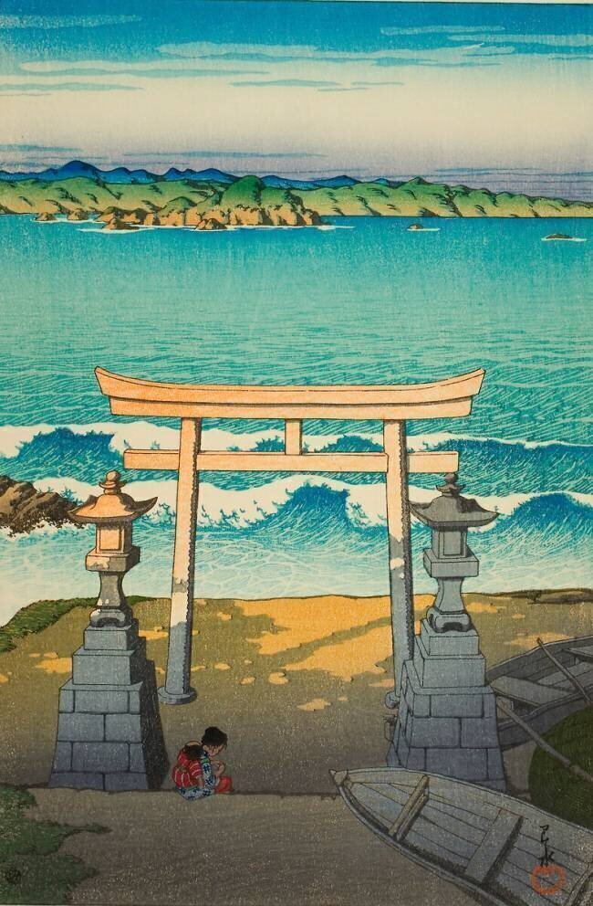 Océan Pacifique, province d'Awa (Boshu Taikai), de la série "Souvenirs de voyage, troisième série (Tabi miyage dai sanshu)". Hasui Kawase