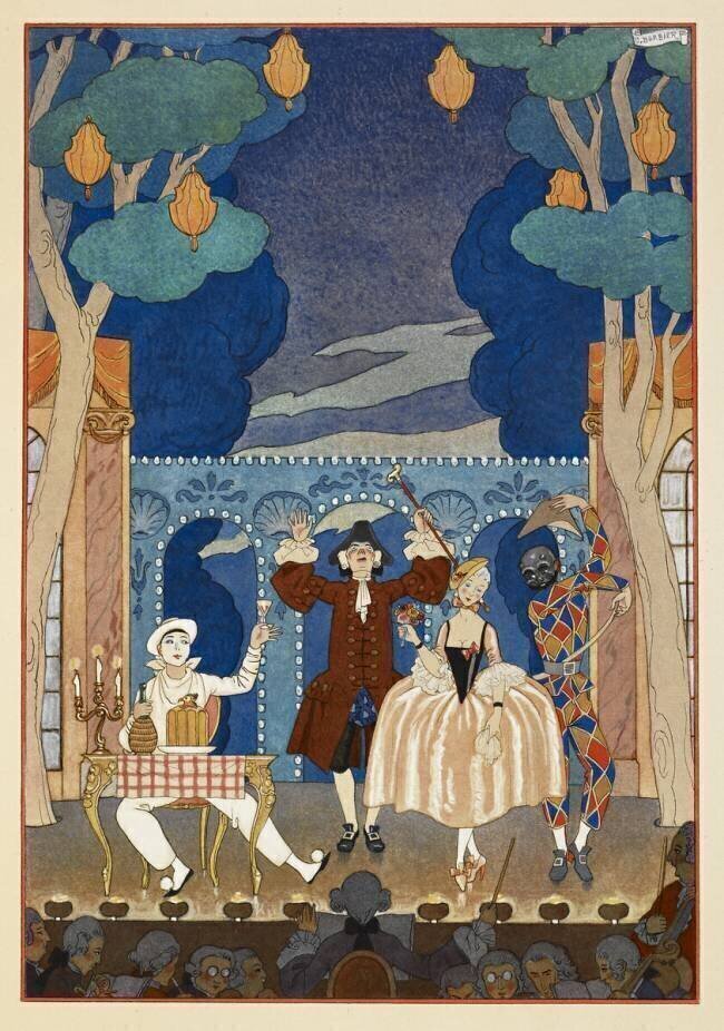 Pantomine. Pierrot et Arlequin. Un homme et une jolie femme. Le tout sur une scène George Barbier