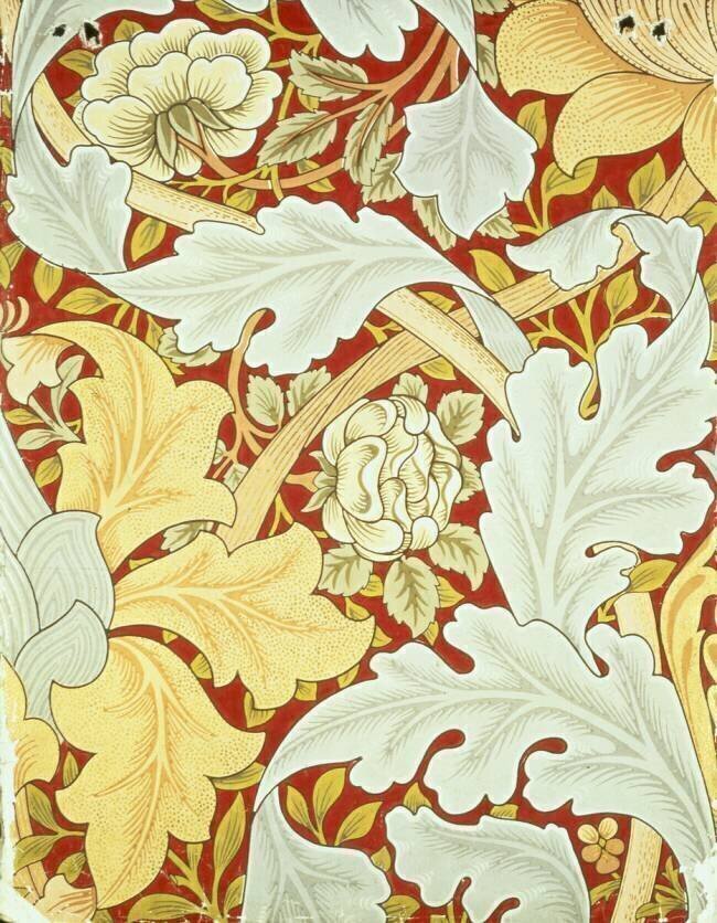Papier peint avec des feuilles d'acanthe et des roses sauvages sur un fond cramoisi  William Morris