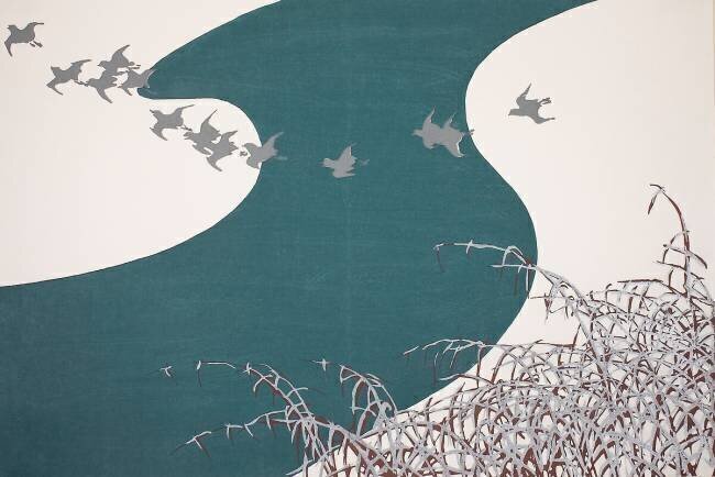 Pluviers traversant une rivière en survolant des roseaux enneigés (Fuyu no Kawa) Kamisaka Sekka