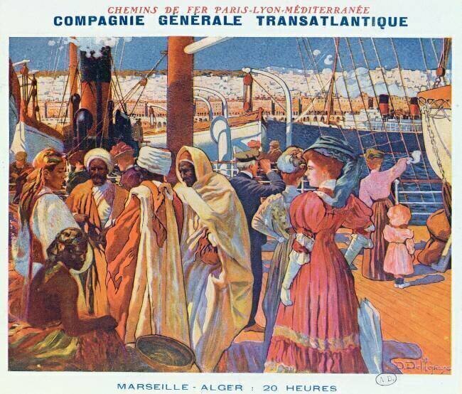 Poster advertising the 'Compagnie Generale Transatlantique' boat service from Marseille to Algiers in 20 hours David Dellepiane