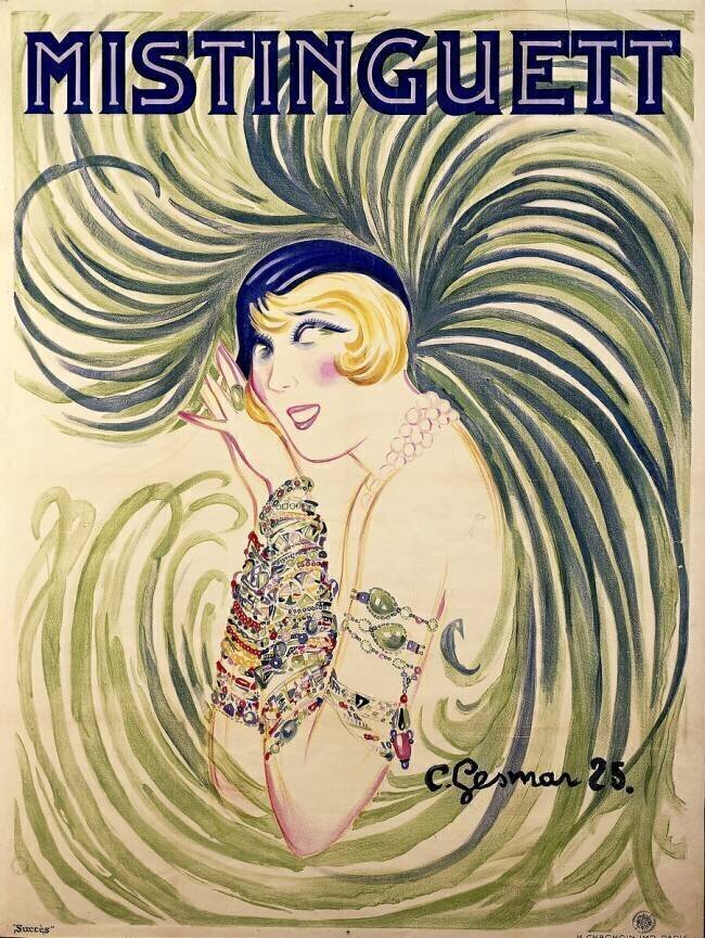 Representation de Mistinguett (Mistinguette) (1875-1956), chanteuse francaise. Charles Gesmar