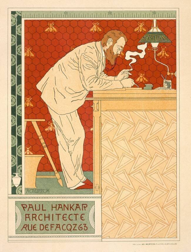 Reproduction d'une affiche annonçant la pratique architecturale de Paul Hankar Adolphe Louis Charles Crespin