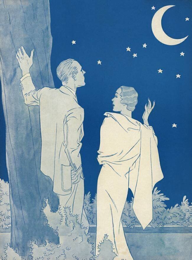 Romantic Couple Looking at a Crescent Moon anonyme