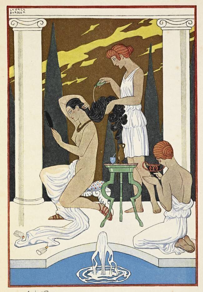 Rome antique. Un personnage qui se fait laver les cheveux par des serviteurs George Barbier