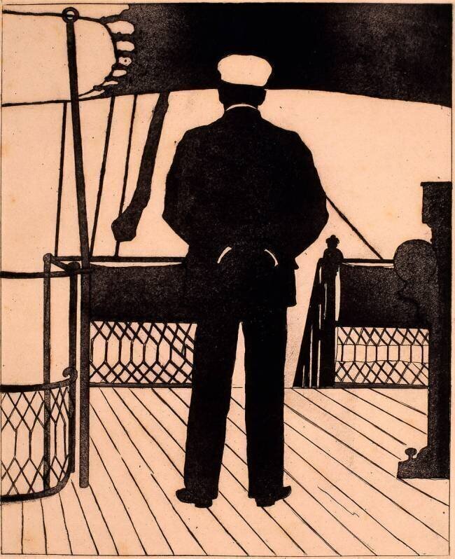 Sur le pont d'un bateau, un homme de dos en pied anonyme