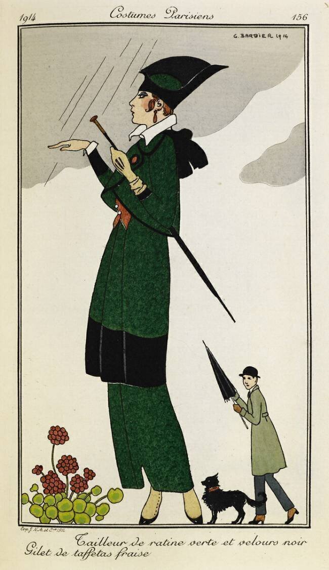 Tailleur de ratine verte et velours noir. Gilet de taffetas fraise George Barbier