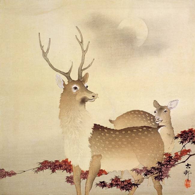 Un cerf et son petit sous la lune Ohara Koson