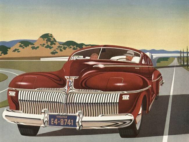 Vintage 1940s Illustration of a Couple Driving in a New Sedan on the Freeway anonyme