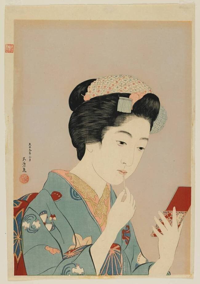 Woman Applying Lip Rouge,Taisho era, February 1920 Goyo Hashigushi
