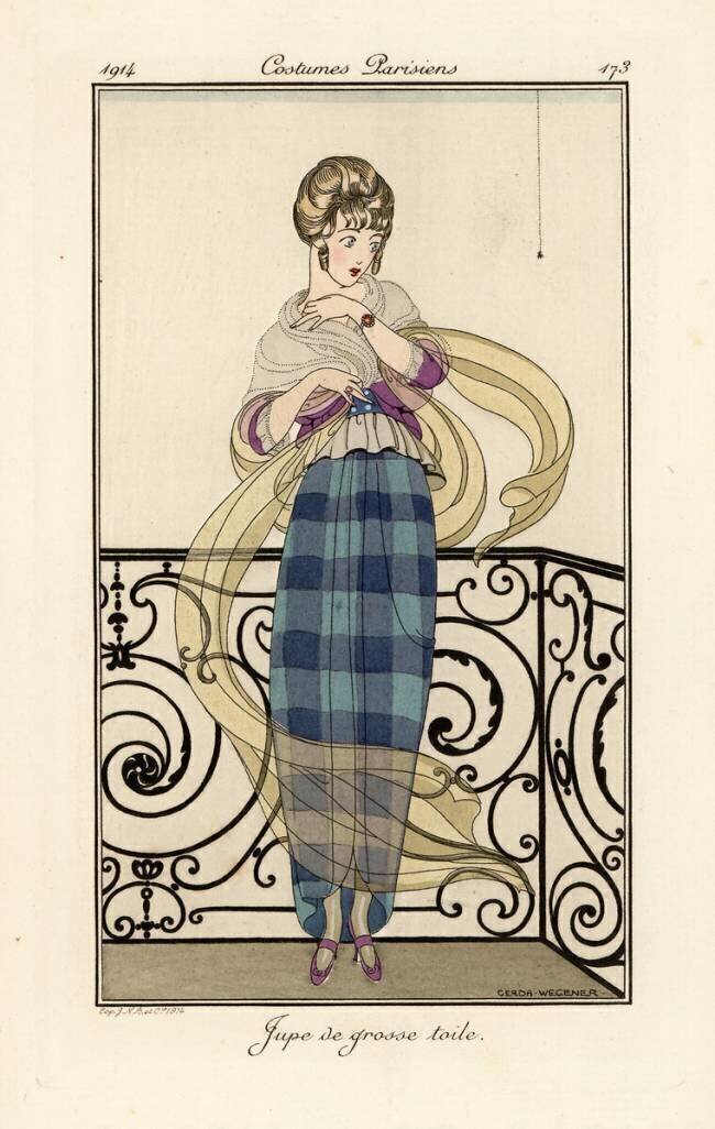 Woman in a large toile skirt, looking afraid of a spider Gerda Wegener