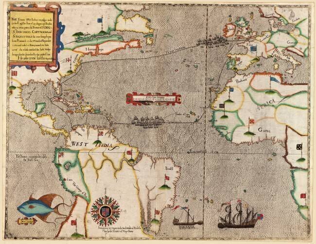 Route du voyage de Drake à travers l'océan Atlantique Baptista Boazio