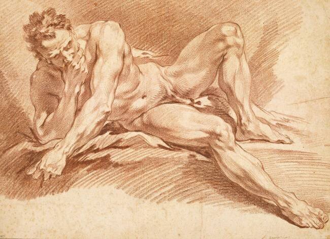 Académie d'homme, à demi étendu, maintenant son manteau de sa main droite François Boucher