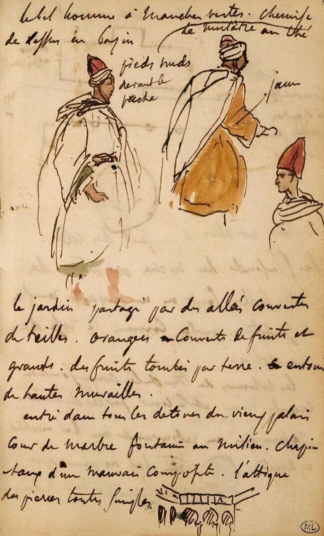 Album du Maroc: trois études d'arabes debout et croquis d'une architecture mauresque Eugène Delacroix