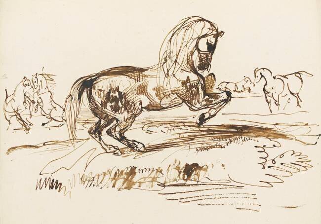 Cheval cabré dans un paysage et autres études de chevaux Eugène Delacroix