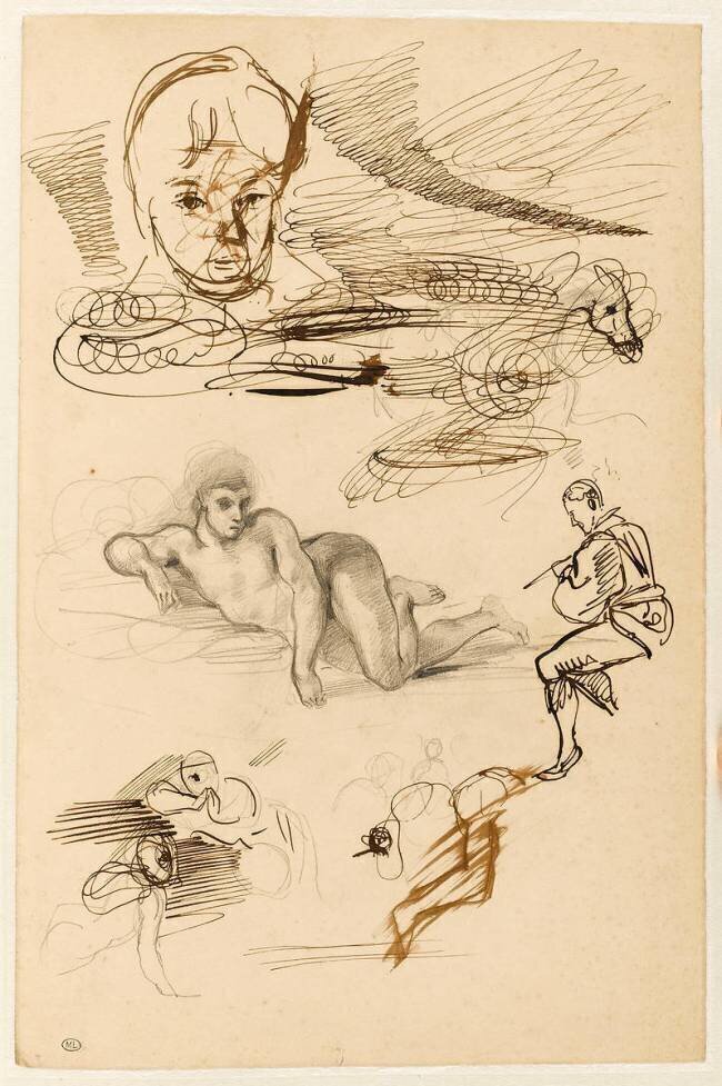 Etudes : tête d'enfant, femme nue allongée, homme assis, tête de cheval Eugène Delacroix