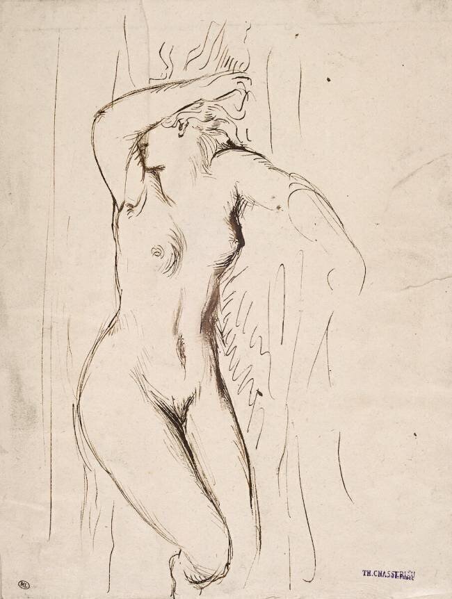Femme nue allongée à terre, le bras gauche cachant son visage Théodore Chasseriau