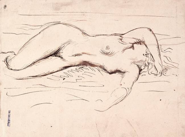 Femme nue allongée à terre, le bras droit cachant son visage Théodore Chasseriau