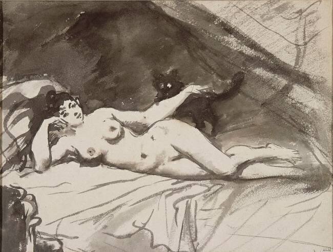 Femme nue, étendue sur un lit, la femme au chat Edouard Manet