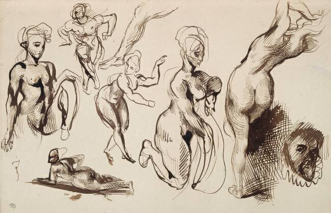 Feuille d'études: diverses têtes ; études pour "La Mort de Sardanaple" Eugène Delacroix
