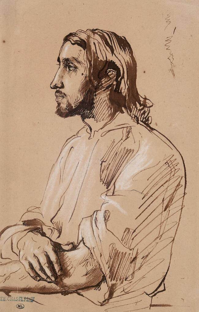 Homme à mi-corps, à longs cheveux, en bras de chemise Théodore Chasseriau