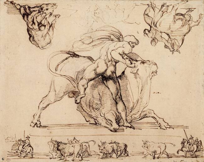 Homme nu terrassant un taureau ; troupeau de boeufs et bouviers romains Théodore Géricault