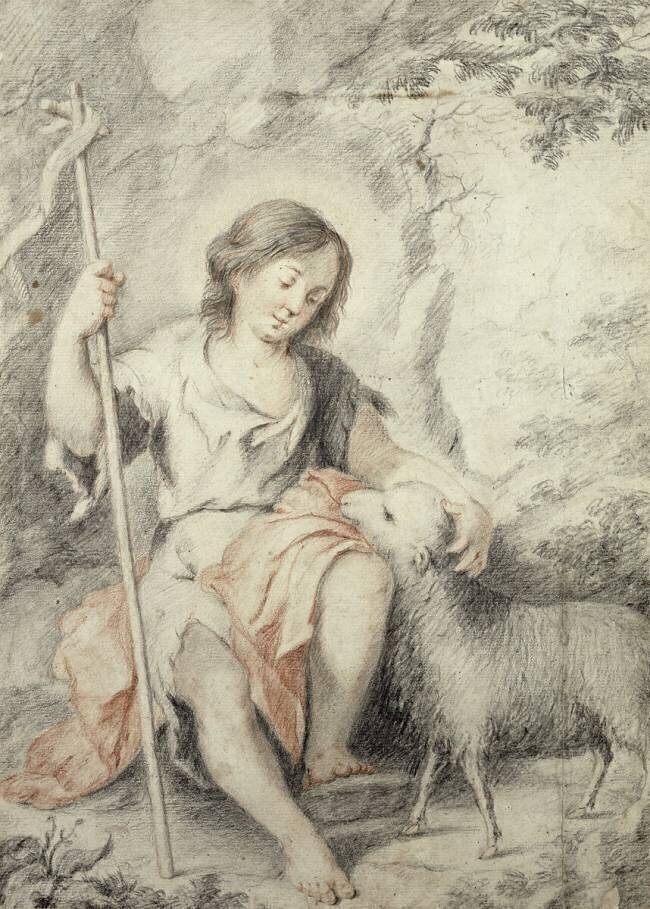 Le jeune Jean Baptiste avec l'agneau dans un paysage rocheux Bartolomé Esteban Murillo