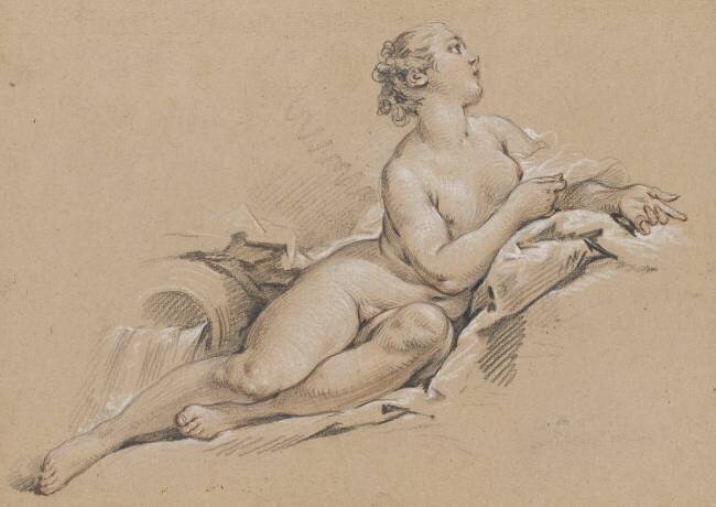 Nymphe, regardant vers la haut, étendue près d'une urne qui se déverse François Boucher
